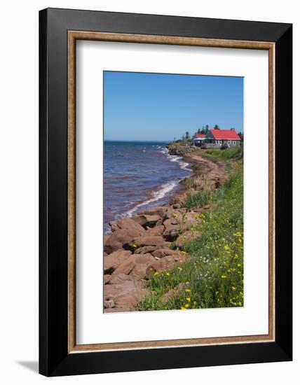 Prince Edward Island, Prim Point Shore and Waves with Red Roof House in Summer with Wildflowers-Bill Bachmann-Framed Photographic Print