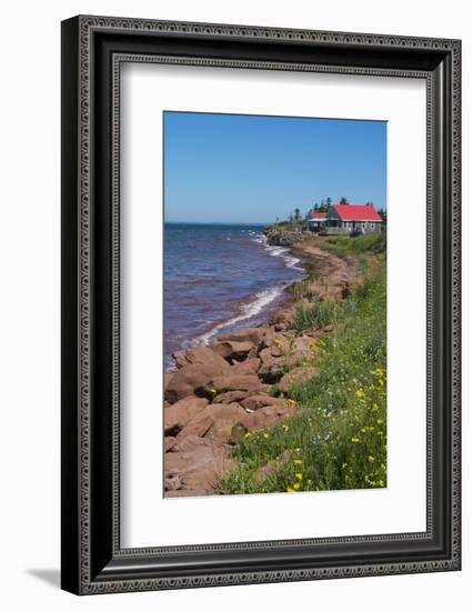 Prince Edward Island, Prim Point Shore and Waves with Red Roof House in Summer with Wildflowers-Bill Bachmann-Framed Photographic Print