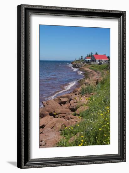 Prince Edward Island, Prim Point Shore and Waves with Red Roof House in Summer with Wildflowers-Bill Bachmann-Framed Photographic Print