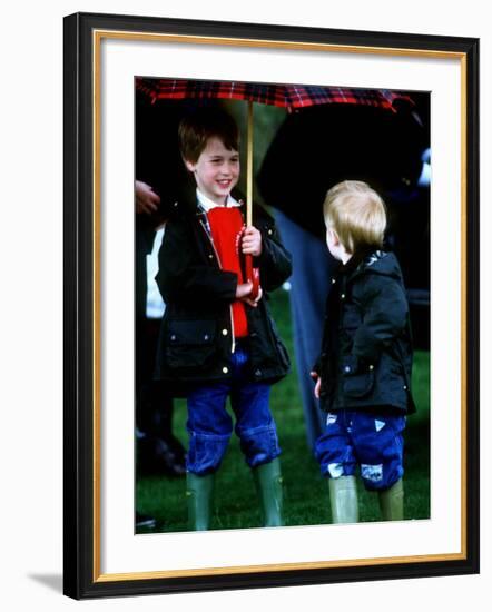 Prince Harry on right with Prince William at a polo match in Cirencester-null-Framed Photographic Print