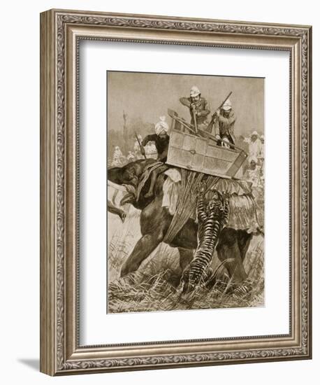 Prince of Wales to India, 1876: Prince's Elephant Charged by Tiger, from 'Illustrated London News'-Richard Caton Woodville-Framed Giclee Print