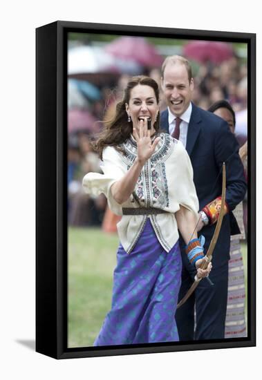 Prince William and Kate, Laughing Trying Archery in Bhutan-Associated Newspapers-Framed Stretched Canvas