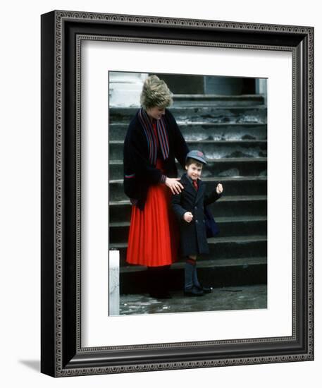 Prince William arriving at his first day at school with his mum Princess Diana-null-Framed Photographic Print