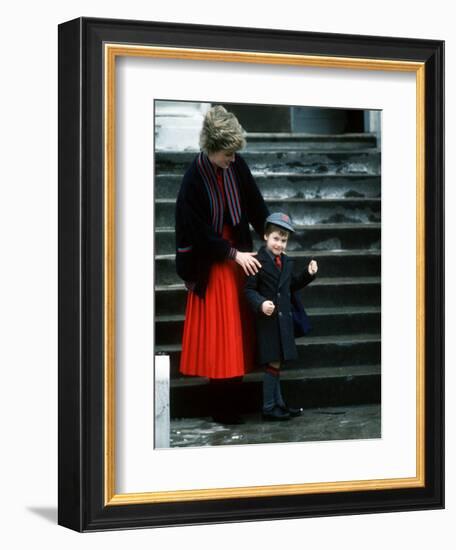 Prince William arriving at his first day at school with his mum Princess Diana-null-Framed Photographic Print