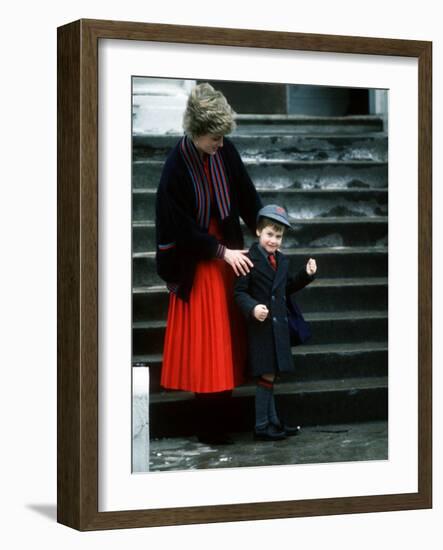 Prince William arriving at his first day at school with his mum Princess Diana-null-Framed Photographic Print