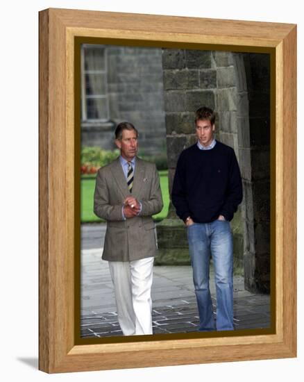 Prince William arriving at St Andrew's University With his father Prince Charles, September 2001-null-Framed Premier Image Canvas