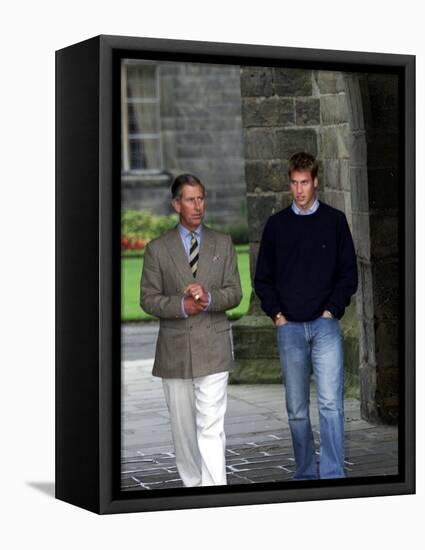 Prince William arriving at St Andrew's University With his father Prince Charles, September 2001-null-Framed Premier Image Canvas