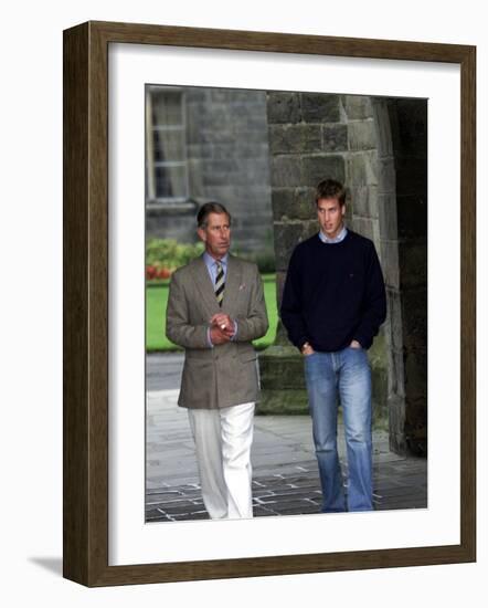 Prince William arriving at St Andrew's University With his father Prince Charles, September 2001-null-Framed Photographic Print