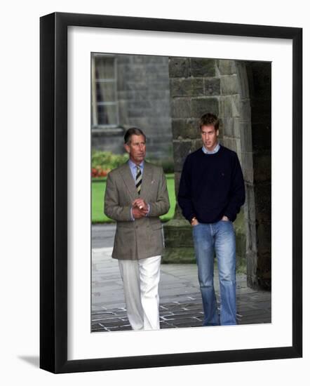 Prince William arriving at St Andrew's University With his father Prince Charles, September 2001-null-Framed Photographic Print