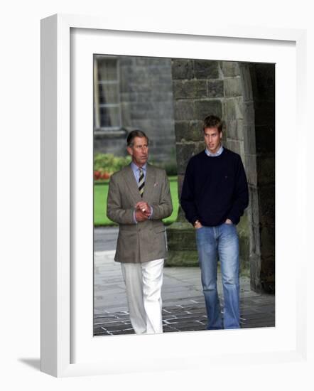 Prince William arriving at St Andrew's University With his father Prince Charles, September 2001-null-Framed Photographic Print