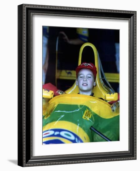 Prince William in F1 Benetton car at British Grand Prix , July 1992-null-Framed Photographic Print