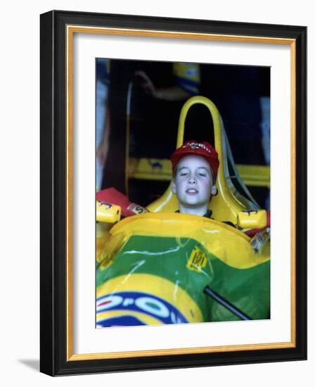 Prince William in F1 Benetton car at British Grand Prix , July 1992-null-Framed Photographic Print