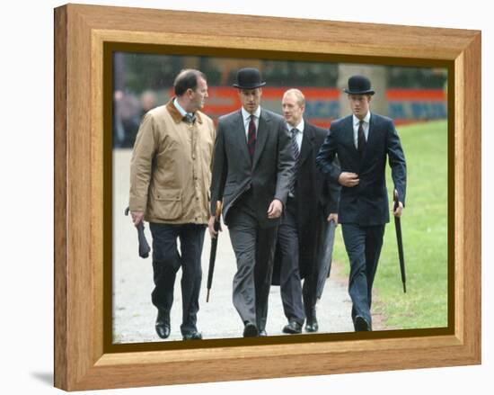 Prince William & Prince Harry wearing tie and traditional bowler hat, attending the Combined Cavalr-null-Framed Premier Image Canvas