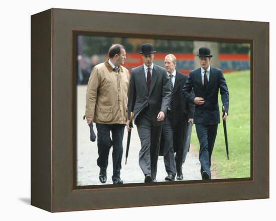 Prince William & Prince Harry wearing tie and traditional bowler hat, attending the Combined Cavalr-null-Framed Premier Image Canvas
