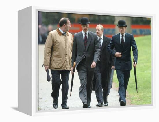 Prince William & Prince Harry wearing tie and traditional bowler hat, attending the Combined Cavalr-null-Framed Premier Image Canvas