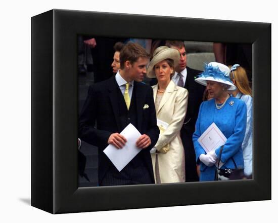 Prince William talking to his grand mother Queen Elizabeth II on the steps at St Paul's Cathedral, -null-Framed Premier Image Canvas