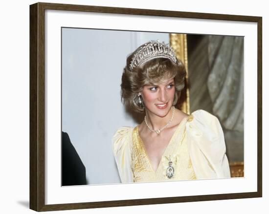 Princess Diana in New Zealand Government House Ball Wellington Wearing a Yellow Dress and Tiara-null-Framed Photographic Print