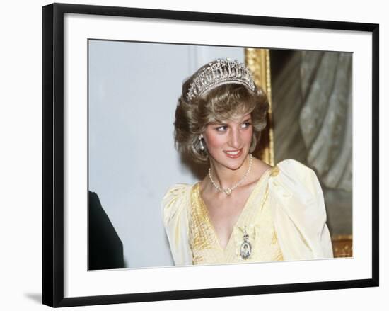 Princess Diana in New Zealand Government House Ball Wellington Wearing a Yellow Dress and Tiara-null-Framed Photographic Print