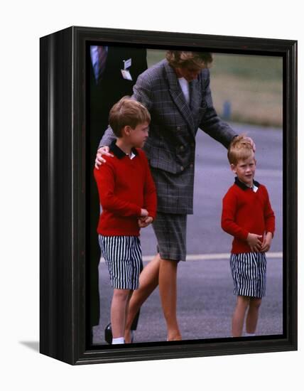 Princess Diana Princess of Wales arriving at Dyce Airport Aberdeen with Prince William and Prince H-null-Framed Premier Image Canvas