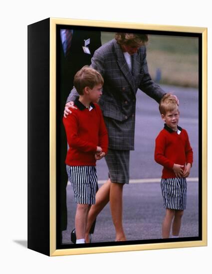 Princess Diana Princess of Wales arriving at Dyce Airport Aberdeen with Prince William and Prince H-null-Framed Premier Image Canvas