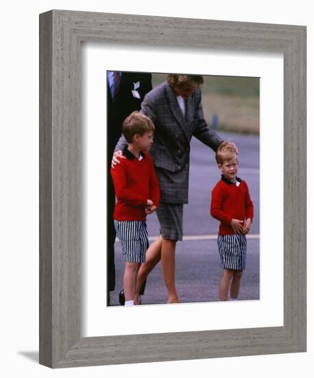 Princess Diana Princess of Wales arriving at Dyce Airport Aberdeen with Prince William and Prince H-null-Framed Photographic Print