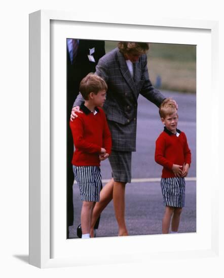 Princess Diana Princess of Wales arriving at Dyce Airport Aberdeen with Prince William and Prince H-null-Framed Photographic Print
