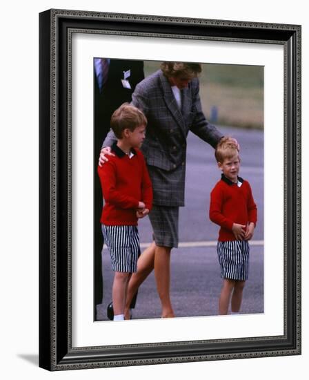 Princess Diana Princess of Wales arriving at Dyce Airport Aberdeen with Prince William and Prince H-null-Framed Photographic Print