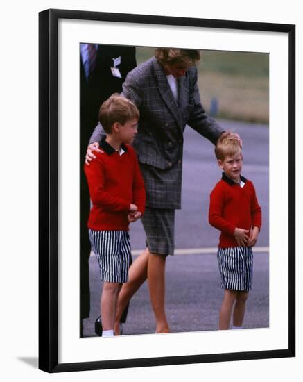 Princess Diana Princess of Wales arriving at Dyce Airport Aberdeen with Prince William and Prince H-null-Framed Photographic Print