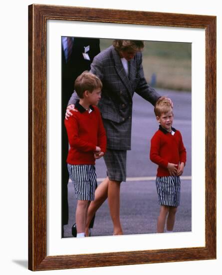 Princess Diana Princess of Wales arriving at Dyce Airport Aberdeen with Prince William and Prince H-null-Framed Photographic Print