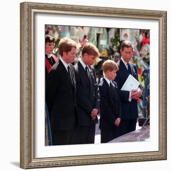 Princess Diana's Funeral coffin leaves Westminster Abbey with Prince Charles Prince Harry Prince Wi-null-Framed Photographic Print