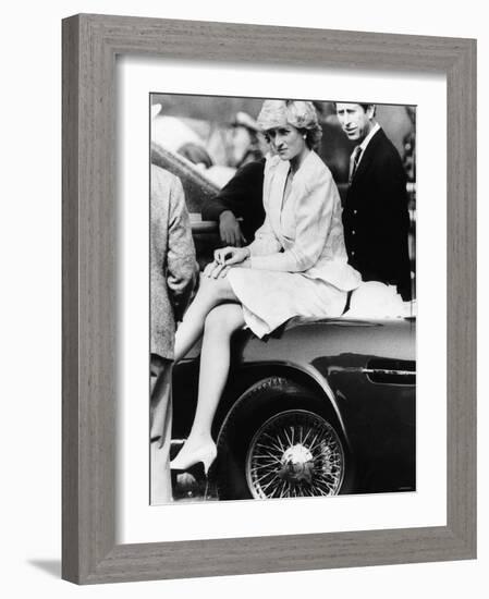 Princess Diana Sitting on Prince Charles Aston Martin Car at Smiths Lawn Windsor-null-Framed Photographic Print