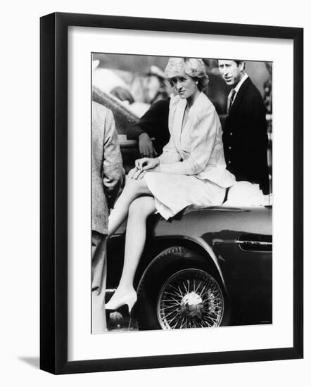 Princess Diana Sitting on Prince Charles Aston Martin Car at Smiths Lawn Windsor-null-Framed Photographic Print