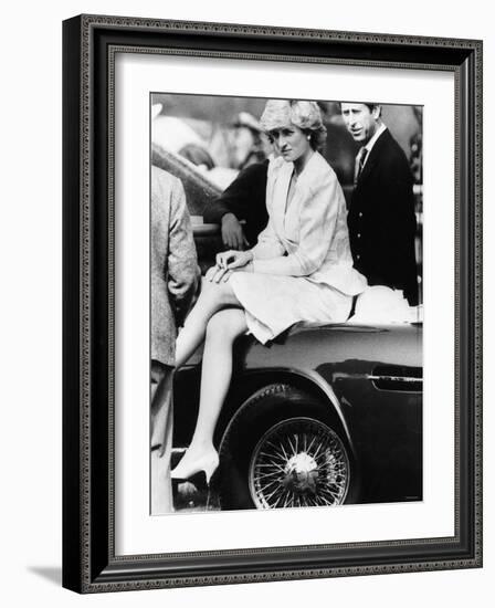 Princess Diana Sitting on Prince Charles Aston Martin Car at Smiths Lawn Windsor-null-Framed Photographic Print