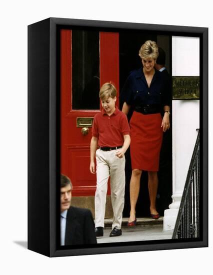 Princess Diana with Prince William leaving Wetherby School-null-Framed Premier Image Canvas