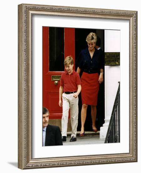 Princess Diana with Prince William leaving Wetherby School-null-Framed Photographic Print