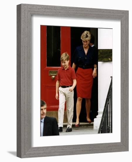 Princess Diana with Prince William leaving Wetherby School-null-Framed Photographic Print