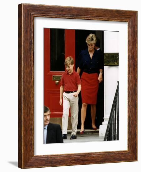 Princess Diana with Prince William leaving Wetherby School-null-Framed Photographic Print