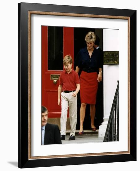 Princess Diana with Prince William leaving Wetherby School-null-Framed Photographic Print