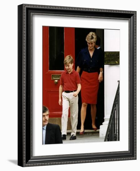 Princess Diana with Prince William leaving Wetherby School-null-Framed Photographic Print