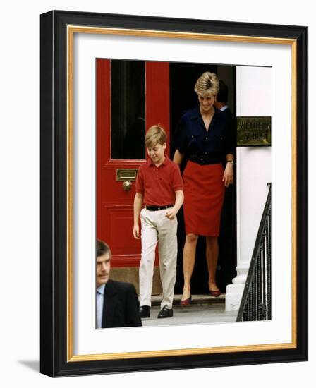 Princess Diana with Prince William leaving Wetherby School-null-Framed Photographic Print