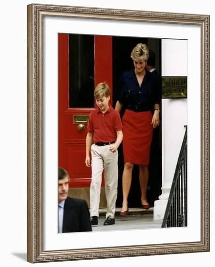 Princess Diana with Prince William leaving Wetherby School-null-Framed Photographic Print