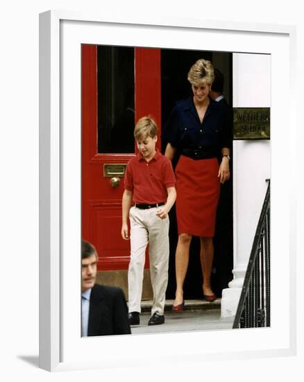 Princess Diana with Prince William leaving Wetherby School-null-Framed Photographic Print