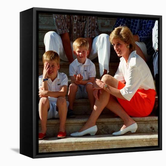 Princess Diana with sons William & Harry in Majorca in 1988 as guests of King Juan Carlos of Spain-null-Framed Premier Image Canvas