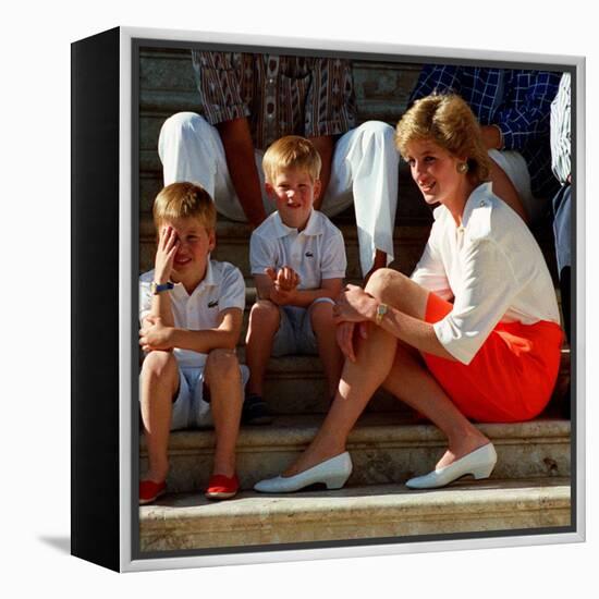 Princess Diana with sons William & Harry in Majorca in 1988 as guests of King Juan Carlos of Spain-null-Framed Premier Image Canvas