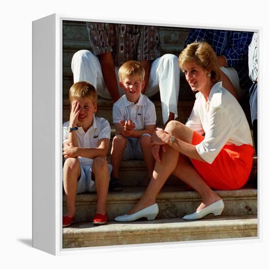 Princess Diana with sons William & Harry in Majorca in 1988 as guests of King Juan Carlos of Spain-null-Framed Premier Image Canvas