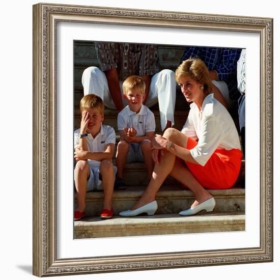 Princess Diana with sons William & Harry in Majorca in 1988 as guests of King Juan Carlos of Spain-null-Framed Photographic Print