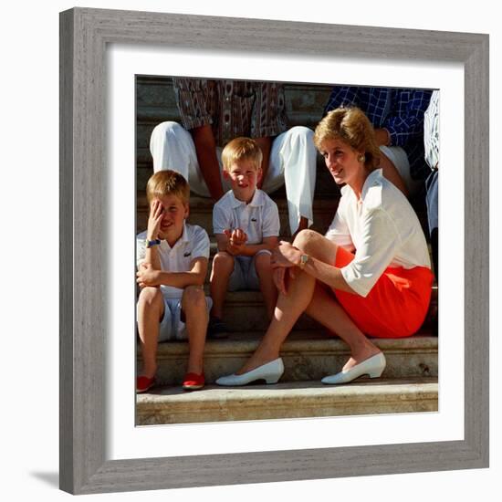 Princess Diana with sons William & Harry in Majorca in 1988 as guests of King Juan Carlos of Spain-null-Framed Photographic Print