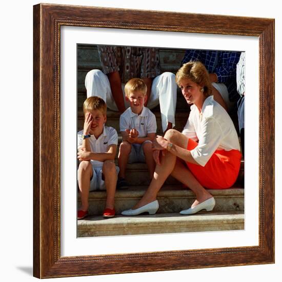 Princess Diana with sons William & Harry in Majorca in 1988 as guests of King Juan Carlos of Spain-null-Framed Photographic Print