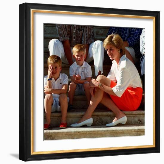Princess Diana with sons William & Harry in Majorca in 1988 as guests of King Juan Carlos of Spain-null-Framed Photographic Print