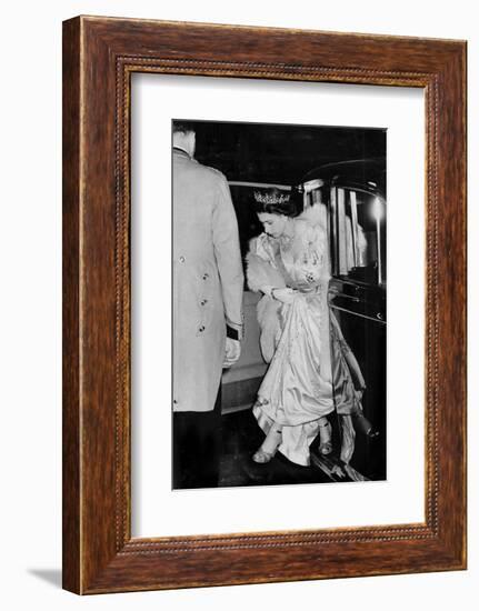 Princess Elizabeth (Queen Elizabeth II) arrives at royal event in ivory satin and furs-Associated Newspapers-Framed Photo